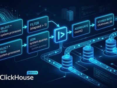 ClickHouse 26.8 LTS pipelined SQL data pipeline visualization with blue glowing SQL blocks on dark background