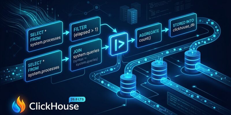 ClickHouse 26.8 LTS pipelined SQL data pipeline visualization with blue glowing SQL blocks on dark background