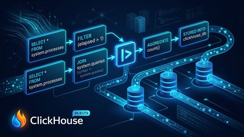 ClickHouse 26.8 LTS pipelined SQL data pipeline visualization with blue glowing SQL blocks on dark background