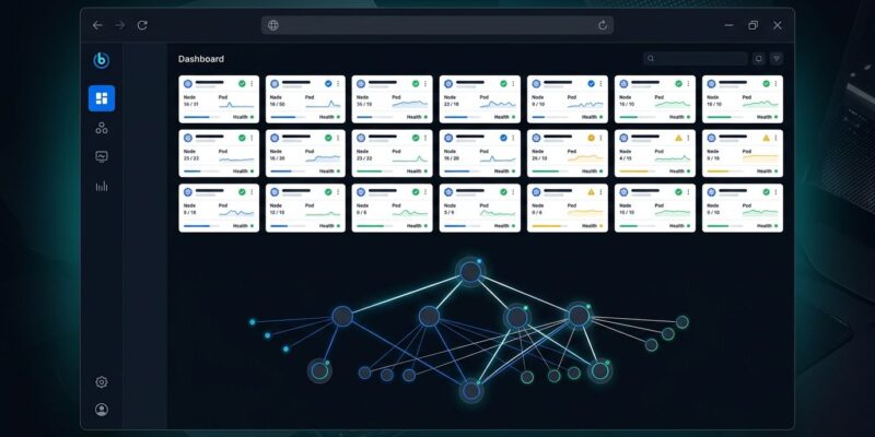 Headlamp Kubernetes dashboard showing Cluster API fleet topology with multiple clusters and health status indicators