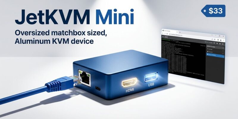 JetKVM Mini matchbox-sized KVM-over-IP device with Ethernet port and browser console interface