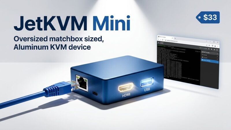 JetKVM Mini matchbox-sized KVM-over-IP device with Ethernet port and browser console interface