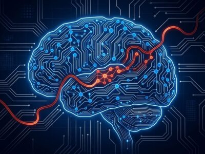 Neural network memory chip showing corrupted nodes from an AI agent memory poisoning attack, blue circuit board with red corrupted data nodes