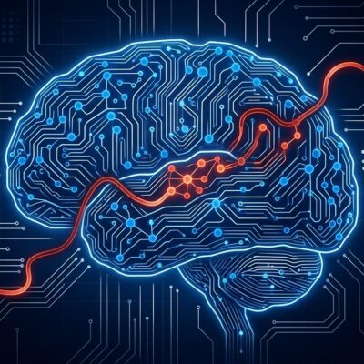 Neural network memory chip showing corrupted nodes from an AI agent memory poisoning attack, blue circuit board with red corrupted data nodes