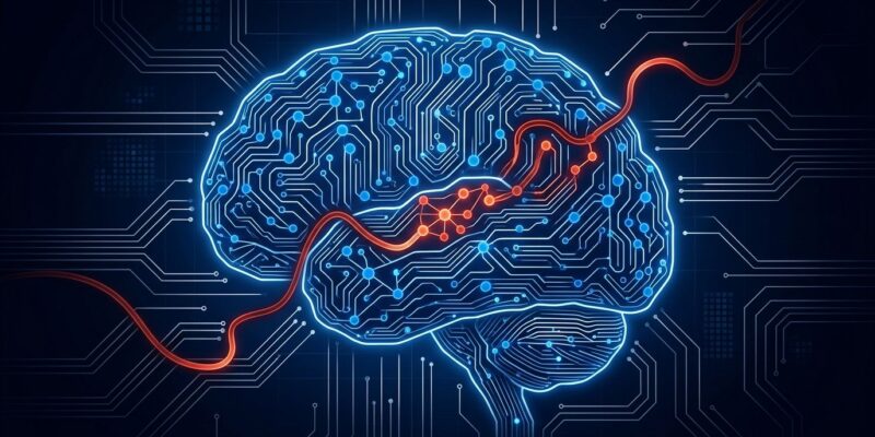 Neural network memory chip showing corrupted nodes from an AI agent memory poisoning attack, blue circuit board with red corrupted data nodes