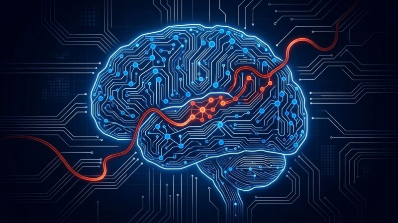 Neural network memory chip showing corrupted nodes from an AI agent memory poisoning attack, blue circuit board with red corrupted data nodes