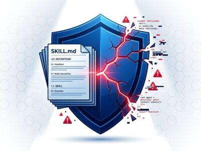 OWASP Agentic Skills Top 10 framework — cracked security shield with SKILL.md document showing AI agent skill vulnerability