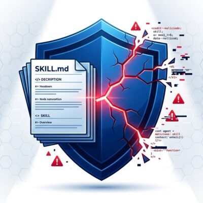 OWASP Agentic Skills Top 10 framework — cracked security shield with SKILL.md document showing AI agent skill vulnerability