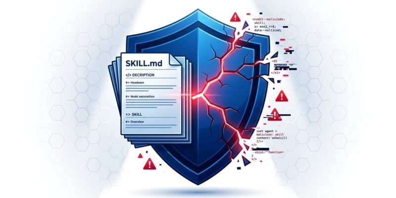 OWASP Agentic Skills Top 10 framework — cracked security shield with SKILL.md document showing AI agent skill vulnerability
