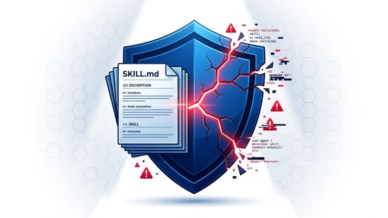 OWASP Agentic Skills Top 10 framework — cracked security shield with SKILL.md document showing AI agent skill vulnerability