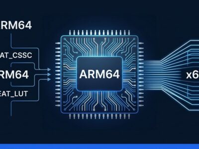 ARM64 chip die with FEAT_CSSC and FEAT_LUT circuit traces alongside x64 APX register bank visualization on dark navy background