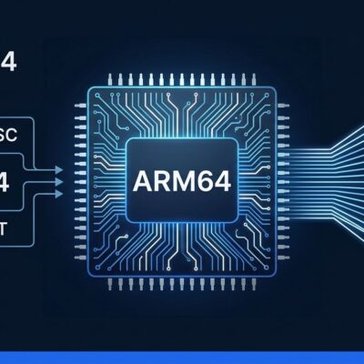 ARM64 chip die with FEAT_CSSC and FEAT_LUT circuit traces alongside x64 APX register bank visualization on dark navy background