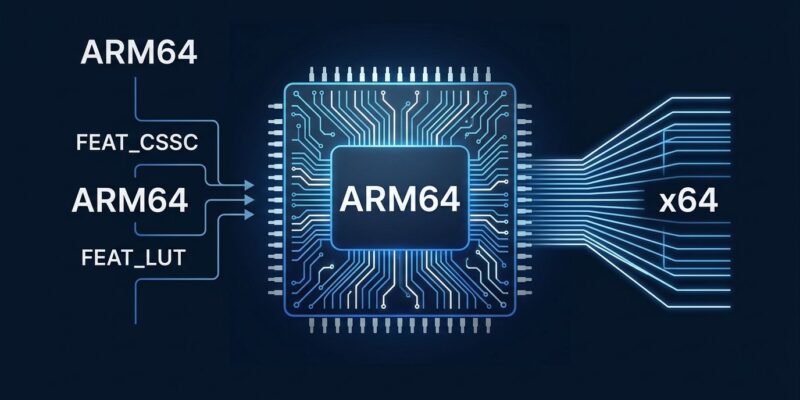 ARM64 chip die with FEAT_CSSC and FEAT_LUT circuit traces alongside x64 APX register bank visualization on dark navy background