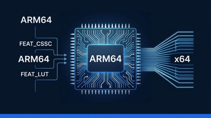 ARM64 chip die with FEAT_CSSC and FEAT_LUT circuit traces alongside x64 APX register bank visualization on dark navy background
