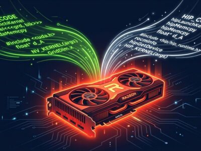 AMD Radeon GPU with CUDA and ROCm code streams on dark blue background