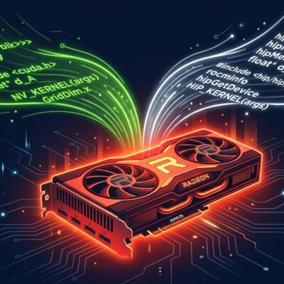 AMD Radeon GPU with CUDA and ROCm code streams on dark blue background