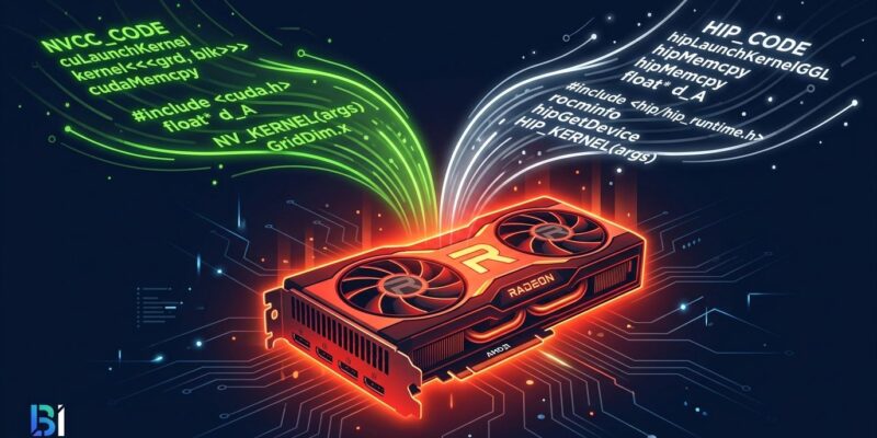 AMD Radeon GPU with CUDA and ROCm code streams on dark blue background