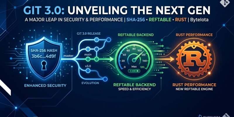 Git 3.0 release showing SHA-256 hash upgrade, reftable performance backend, and Rust build dependency