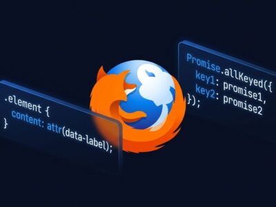 Firefox 155 browser showing CSS attr() function and Promise.allKeyed JavaScript code snippets on a dark blue background