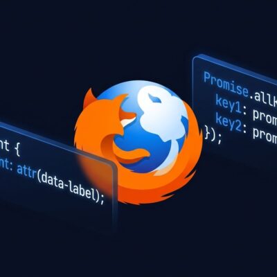 Firefox 155 browser showing CSS attr() function and Promise.allKeyed JavaScript code snippets on a dark blue background