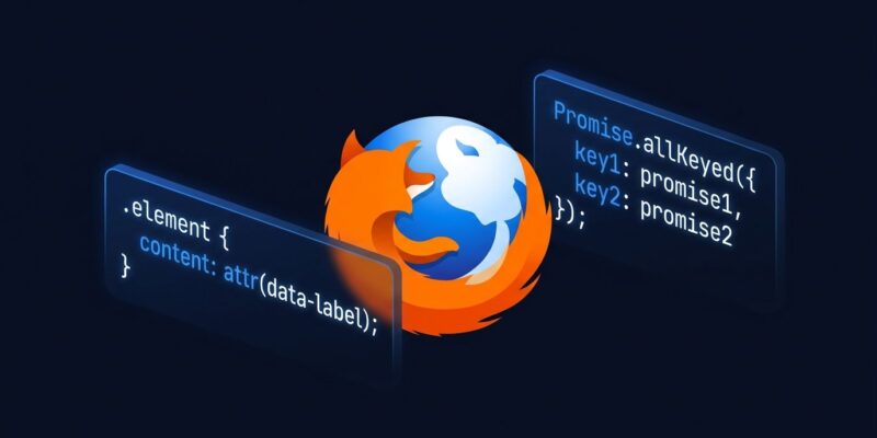 Firefox 155 browser showing CSS attr() function and Promise.allKeyed JavaScript code snippets on a dark blue background