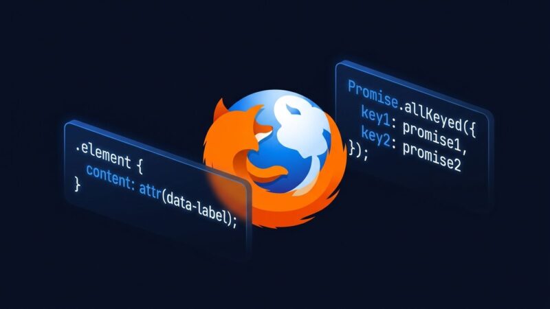 Firefox 155 browser showing CSS attr() function and Promise.allKeyed JavaScript code snippets on a dark blue background