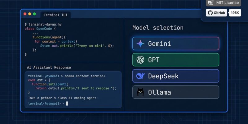 OpenCode terminal interface showing model provider selection menu with multiple AI providers