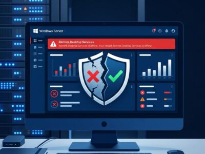 Windows Server dashboard showing Remote Desktop Services failure warning with security shield split between broken and protected states
