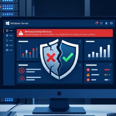 Windows Server dashboard showing Remote Desktop Services failure warning with security shield split between broken and protected states