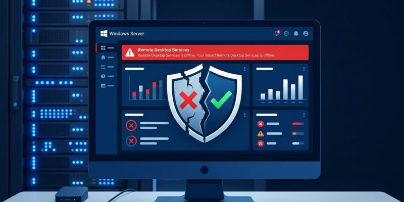 Windows Server dashboard showing Remote Desktop Services failure warning with security shield split between broken and protected states