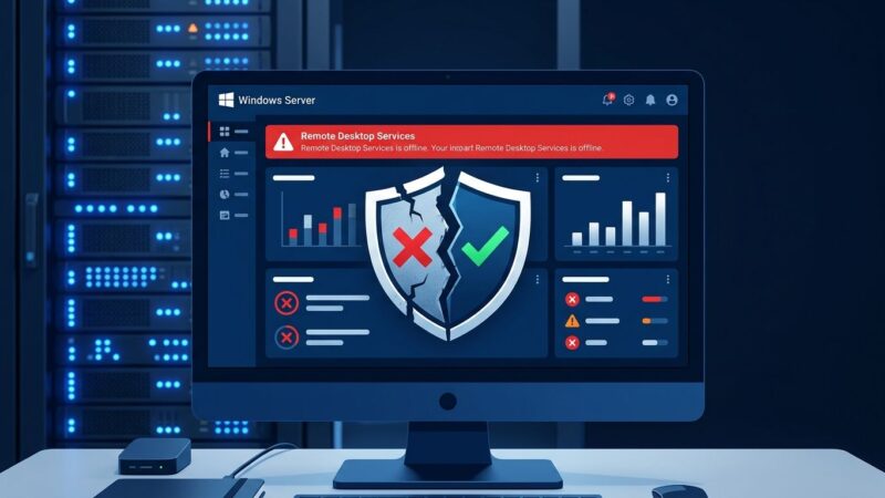 Windows Server dashboard showing Remote Desktop Services failure warning with security shield split between broken and protected states