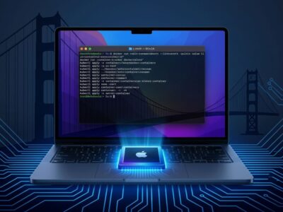 MacBook with Apple Silicon chip and terminal showing Linux container commands, with Golden Gate Bridge silhouette — macOS 27 Golden Gate developer guide