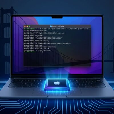 MacBook with Apple Silicon chip and terminal showing Linux container commands, with Golden Gate Bridge silhouette — macOS 27 Golden Gate developer guide