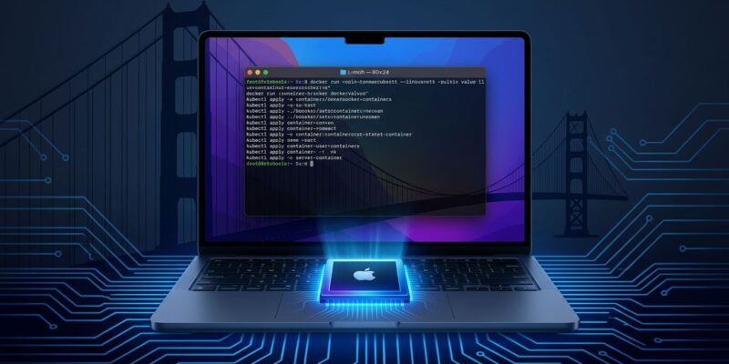 MacBook with Apple Silicon chip and terminal showing Linux container commands, with Golden Gate Bridge silhouette — macOS 27 Golden Gate developer guide