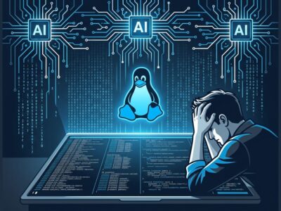 Linux kernel developer terminal overwhelmed by AI-generated patches flood with Tux penguin in background