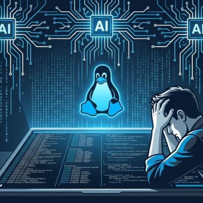 Linux kernel developer terminal overwhelmed by AI-generated patches flood with Tux penguin in background