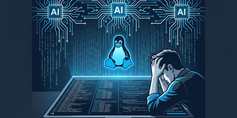 Linux kernel developer terminal overwhelmed by AI-generated patches flood with Tux penguin in background