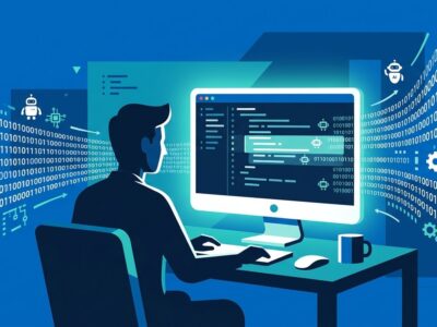 Developer at desk with AI coding agents generating code automatically, representing the shift in how software engineers work in 2026