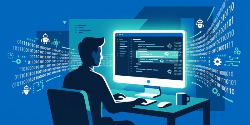 Developer at desk with AI coding agents generating code automatically, representing the shift in how software engineers work in 2026