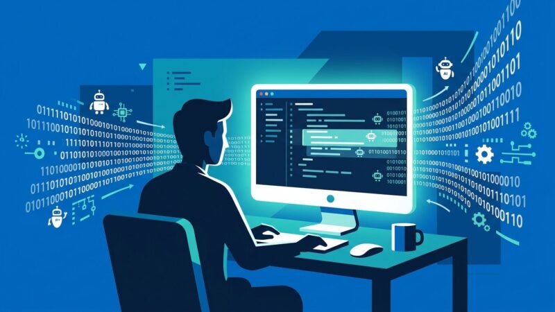 Developer at desk with AI coding agents generating code automatically, representing the shift in how software engineers work in 2026