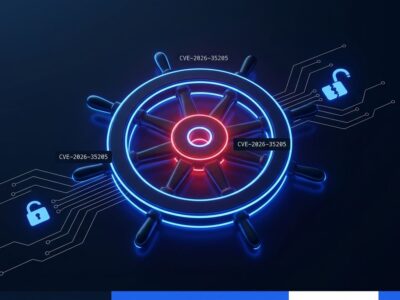 Helm steering wheel with CVE vulnerability warning glow - cybersecurity illustration
