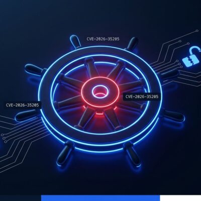 Helm steering wheel with CVE vulnerability warning glow - cybersecurity illustration