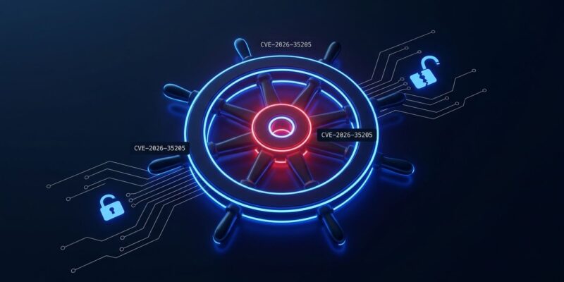 Helm steering wheel with CVE vulnerability warning glow - cybersecurity illustration