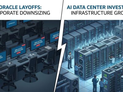 Split-screen showing empty corporate office chairs on left and GPU server rack rows on right, representing Oracle layoffs funding AI data centers