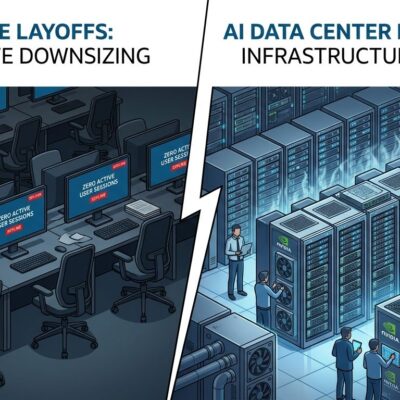 Split-screen showing empty corporate office chairs on left and GPU server rack rows on right, representing Oracle layoffs funding AI data centers