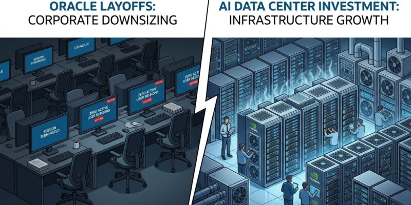 Split-screen showing empty corporate office chairs on left and GPU server rack rows on right, representing Oracle layoffs funding AI data centers