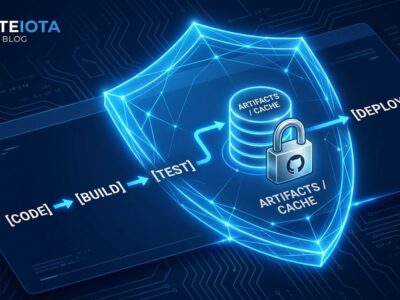 GitHub Actions workflow showing cache-mode security configuration with padlock and CI/CD pipeline diagram