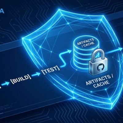 GitHub Actions workflow showing cache-mode security configuration with padlock and CI/CD pipeline diagram