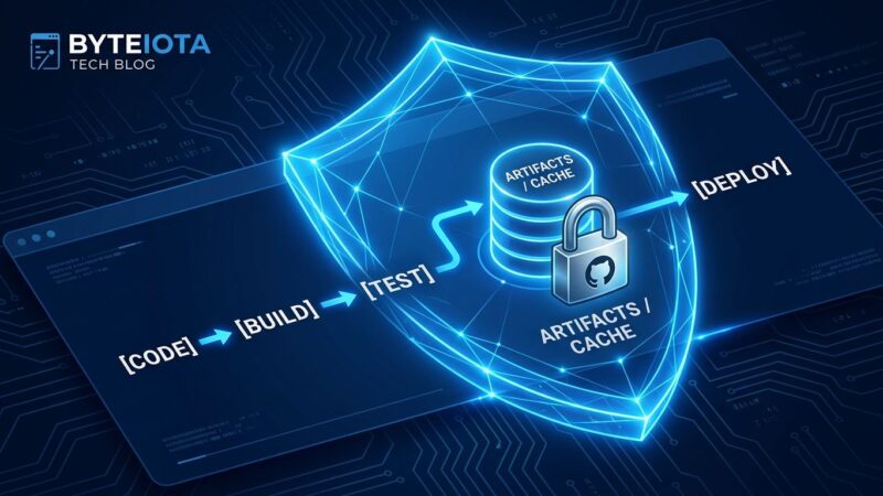 GitHub Actions workflow showing cache-mode security configuration with padlock and CI/CD pipeline diagram