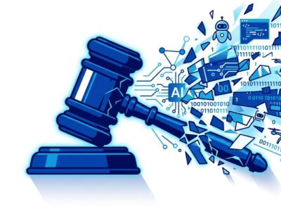 Courthouse gavel shattering into AI circuit fragments representing the Ninth Circuit CFAA ruling on AI agent liability